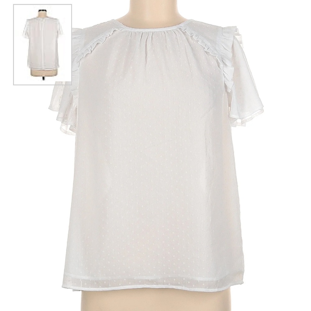 Loft White Polka Dot Textured Short Sleeve Blouse, Medium